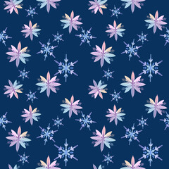 Pastel winter symbol festive seamless pattern Snowflakes pink blue purple arrangement ornaments background texture textile collection for decor interior , fashion fabric