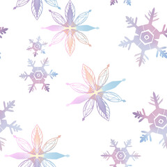 Pastel winter symbol festive seamless pattern Snowflakes pink blue purple arrangement ornaments background texture textile collection for decor interior , fashion fabric