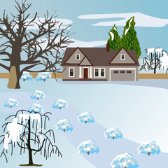 Winter landscape home cottage  garden white trees snow