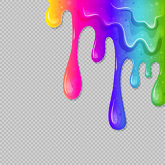 Dripping rainbow slime on a transparent background. Colorful illustration of a children toy. Vector illustration of slime, paint, slime, snot, chewing gum, liquid. 