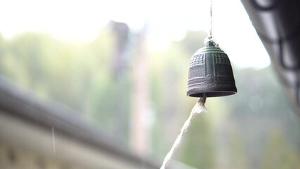 Winter snow and Japanese traditional wind chime, bell swaying in wind

