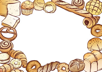 パン　フレーム　手描き　カラー　長方形