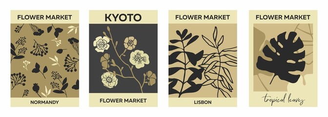 Collection of floral modern posters with flower, tropical leaves, branches of plants isolated on beige. Set of flower market poster. Covers with floral silhouette element. Cartoon vector illustration.