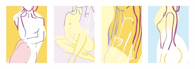 Set of decorative posters with female bodies in line style on a colored background. Collection of backgrounds with abstract shapes for covers of notebooks, cards. Femininity. Vector illustration
