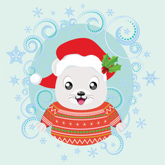 Santa white bear in winter clothing