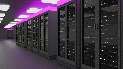 Servers. Servers room data center. Backup, mining, hosting, mainframe, farm and computer rack with storage information. 3d render