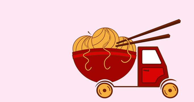 animated minimal street food truck logo with noodles and chopsticks