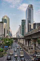 Fototapeta na wymiar Chong Nonsi Pedestrian Bridge, this Skywalk is an Urban Landmark located in the middle of the Sathorn-Silom Central Business District with