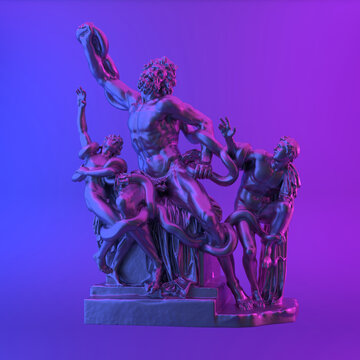 Laocoon and his sons on a neon background. 3d image.