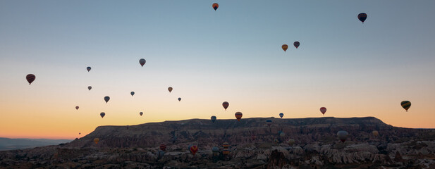 Hot air balloons. Hot air balloons in Cappadocia banner photo.