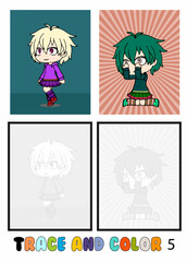 set of cartoon character coloring pages ,Trace and color, chibi, kids Collection of 2 illustrations. Coloring book. vector Illustration for children 