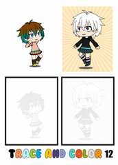 set of cartoon character coloring pages ,Trace and color, chibi, kids Collection of 2 illustrations. Coloring book. vector Illustration for children 