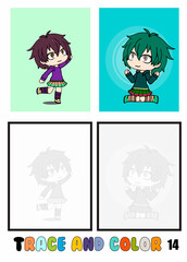 set of cartoon character coloring pages ,Trace and color, chibi, kids Collection of 2 illustrations. Coloring book. vector Illustration for children 