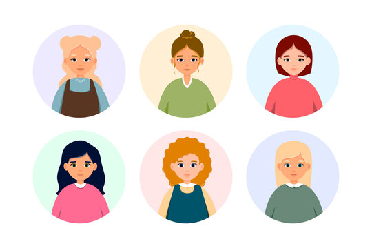 Set Of Portraits Of Caucasian Woman. Group Of Avatars Of Female Person. Vector Icon Of Adult In Flat Style. Headshot.