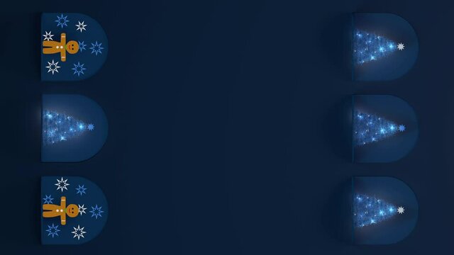 Christmas and new year card with blank space for text and rotating icons on dark blue background. 3d rendering, seamless loop, vertical orientation