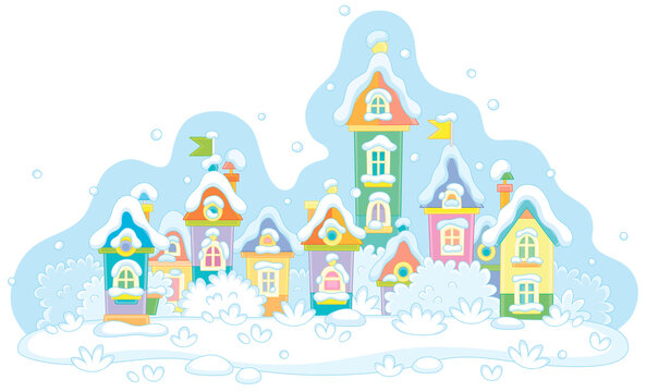 Colorful toy houses covered with snow on a cold and snowy winter day in a pretty small town, vector cartoon illustration isolated on a white background
