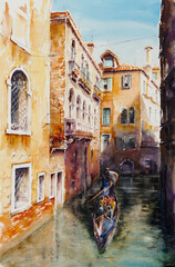 Travel Venice canal with tourist on gondola. Painting landmark Italy with historic view Italy. Watercolor landscape original painting multicolored on paper, illustration landmark of the world.