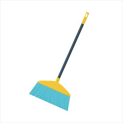 Big yellow-blue broom with long handle. Household implement from dust and dirt.