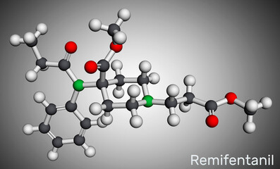 Remifentanil molecule. It is opioid analgesic used in anesthesia Molecular model. 3D rendering