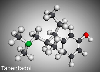 Tapentadol molecule. It is synthetic benzenoid, opioid analgesic for treatment of moderate to severe pain Molecular model. 3D rendering
