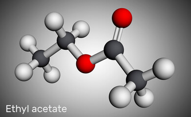 Ethyl acetate, ethyl ethanoate, C4H8O2 molecule. It is acetate ester formed between acetic acid and ethanol. Molecular model. 3D rendering