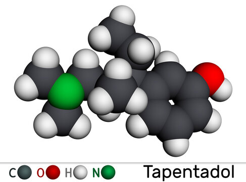 Tapentadol molecule. It is synthetic benzenoid, opioid analgesic for treatment of moderate to severe pain Molecular model. 3D rendering
