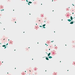 Vintage floral background. Seamless vector pattern for design and fashion prints. Elegant floral pattern with pink flowers and green leaves .on a white background.