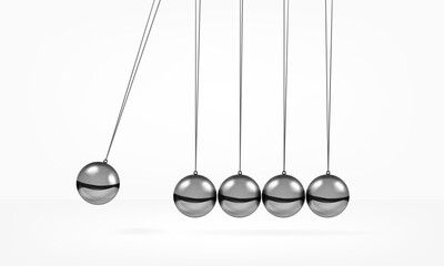 Newton's cradle pendulum with swinging spheres metal balls 3d realistic vector illustration. Hanging balancing balls of newtons cradle science business gadget leadership or communication concept.