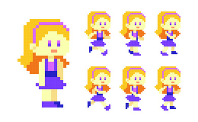 Pixel cute blonde girl character walk run animation illustration