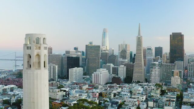 Aerial daytime video footage of San Francisco, California, USA, after sunset.