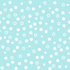 Seamless vector print with peas. Chaotic white circles on a blue background. Polka dot background. Template for packaging, notebooks, cards, wallpaper, textiles and other uses.