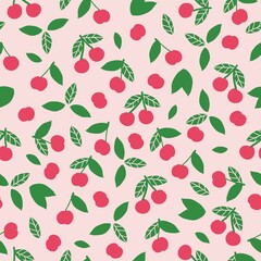 Seamless cherry pattern. Ripe cherry on a pink background. Fashionable print is suitable for Wallpaper and textiles.