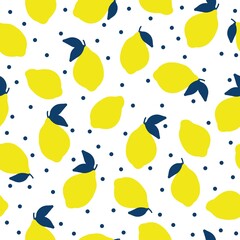 Seamless lemon pattern. White background, ripe lemons  blue leaves and dots. The print is well suited for textiles.