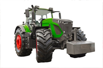 Obraz premium Modern green agricultural tractor, front view