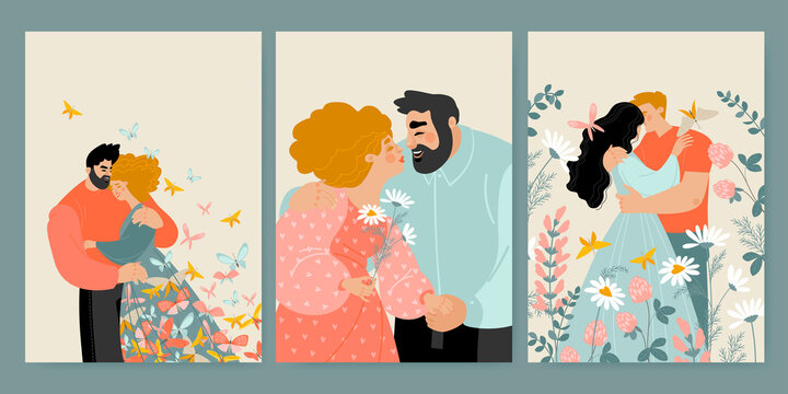 Set of vector illustrations for Valentine's Day with couples among flowers and butterflies