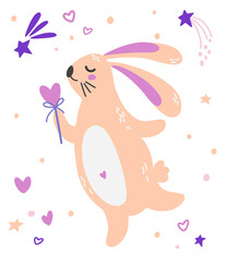 Cute bunny girl with magic wand. Cartoon rabbit, hearts, stars and ribbon. Animal character. Childish print for apparel, nursery, cards, posters. Hand drawn illustration isolated on white.