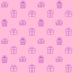 Vector seamless pattern with gift boxes. Christmas, new year, birthday, wedding, holiday background. Outline gift boxes isolated on a pink background. Present seamless pattern. Hand drawn illustration