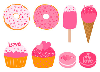 Valentine's day dessert cupcakes donuts ice cream vector illustration