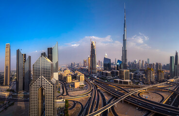 Naklejka na ściany i meble city scape of Dubai, tall buildings of uae, skyscrapers of middle eat 