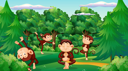 Forest scene with funny monkeys cartoon
