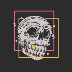 hand drawn yellow and pink line skull illustration on black background
