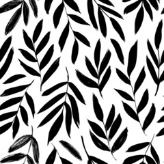 Olive leaves and branches vector seamless pattern. Black silhouette leaves and twigs. Hand drawn branch modern ornament. Black ink texture with foliage. Eucalyptus, laurel twig. Abstract plant motif