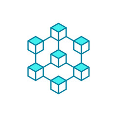 Blue blockchain line icon. Modern block chain technology. Cryptocurrency business data symbol. Connected 3D cubes model. Isometric abstract geometric blocks network. Vector illustration, flat, clip ar