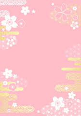 和柄の雲と花の和風なベクターイラスト背景(パステル,ひなまつり,桜)