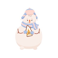 Cute snowman with gingerbread in hands. Happy snow man holding Christmas sweets. Winter holiday character and Xmas ginger cookie for New Year. Flat vector illustration isolated on white background