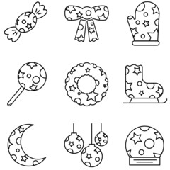 Set of line icons about New Year and Christmas party supplies. star and circle