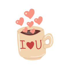 Vector isolated element. Hot chocolate or cocoa with hearts. A drink for Valentine day. Symbols of Valentine's day. Color image on a white background. The print is used for packaging design.