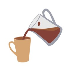Vector illustration of hot and aromatic morning coffee. Pour from the teapot into a cup. For restaurant and cafe menu, cafe design template, poster, banner, website design.