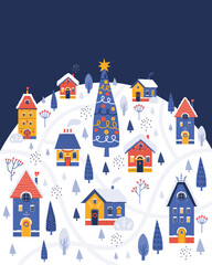 Cute Christmas houses on background of a snowy winter landscape. Night city decorated for Christmas and New year. Hand drawn illustration in Scandinavian style for poster, cover, postcard, banner.