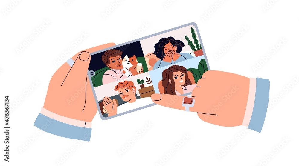Poster Video call on mobile phone screen. Hands with smartphone during virtual group chat through internet. People friends at online meeting, videocall. Flat vector illustration isolated on white background